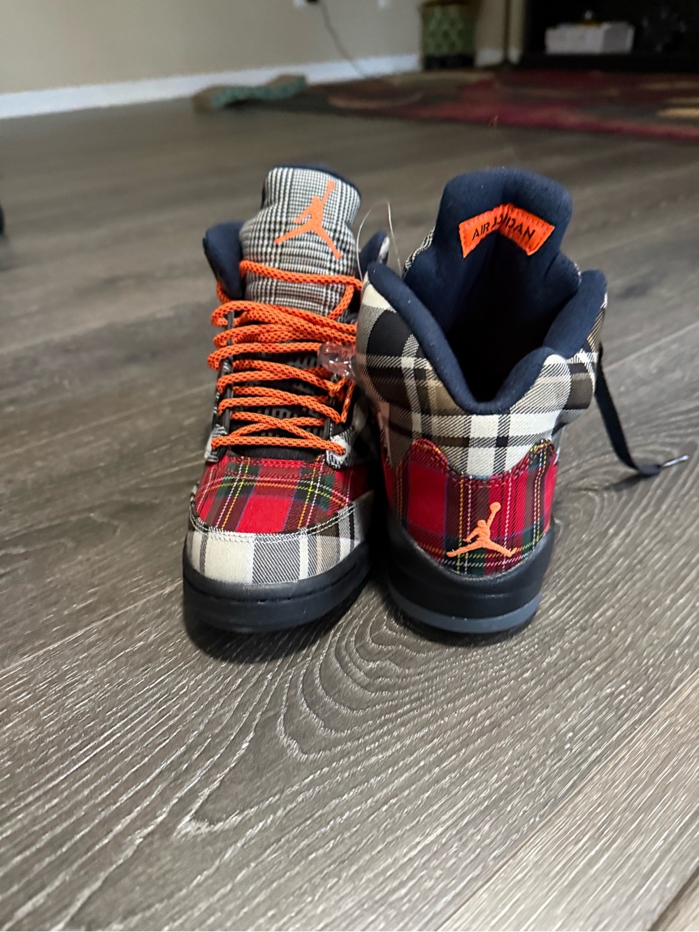 Jordan Retro 5 Big Kids Plaid High-Top Sneakers in Red, Orange & Black